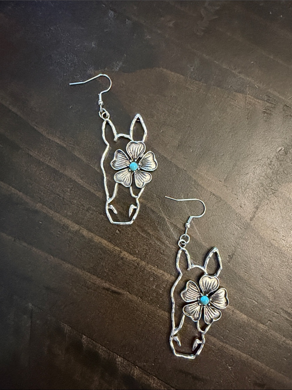 Silver Horse Head Earrings with Turquoise Flower